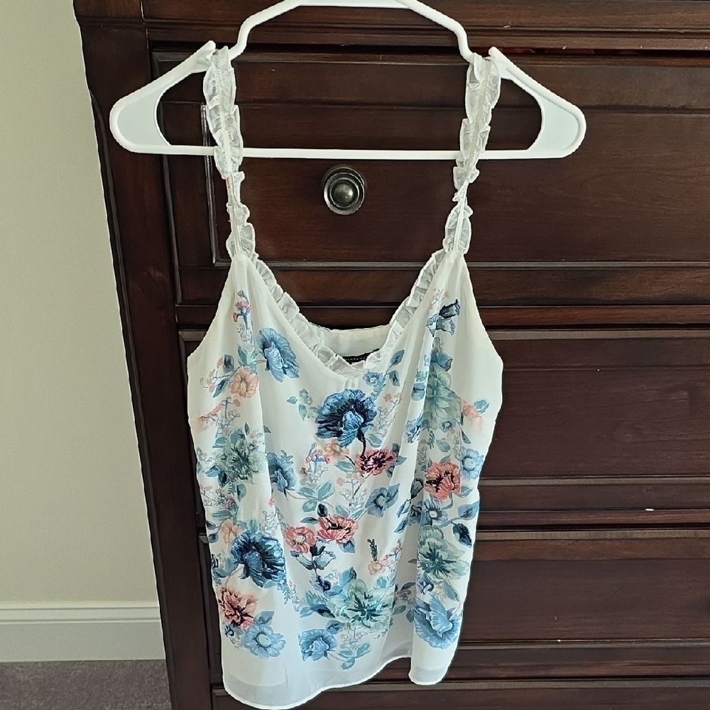 White House Black Market White Cami with Blue & Pink Floral Print